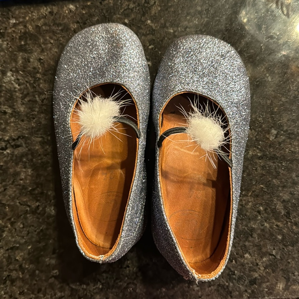 Pepe Jeans Girls Sparkle Silver Ballet Flats with White Pom Poms